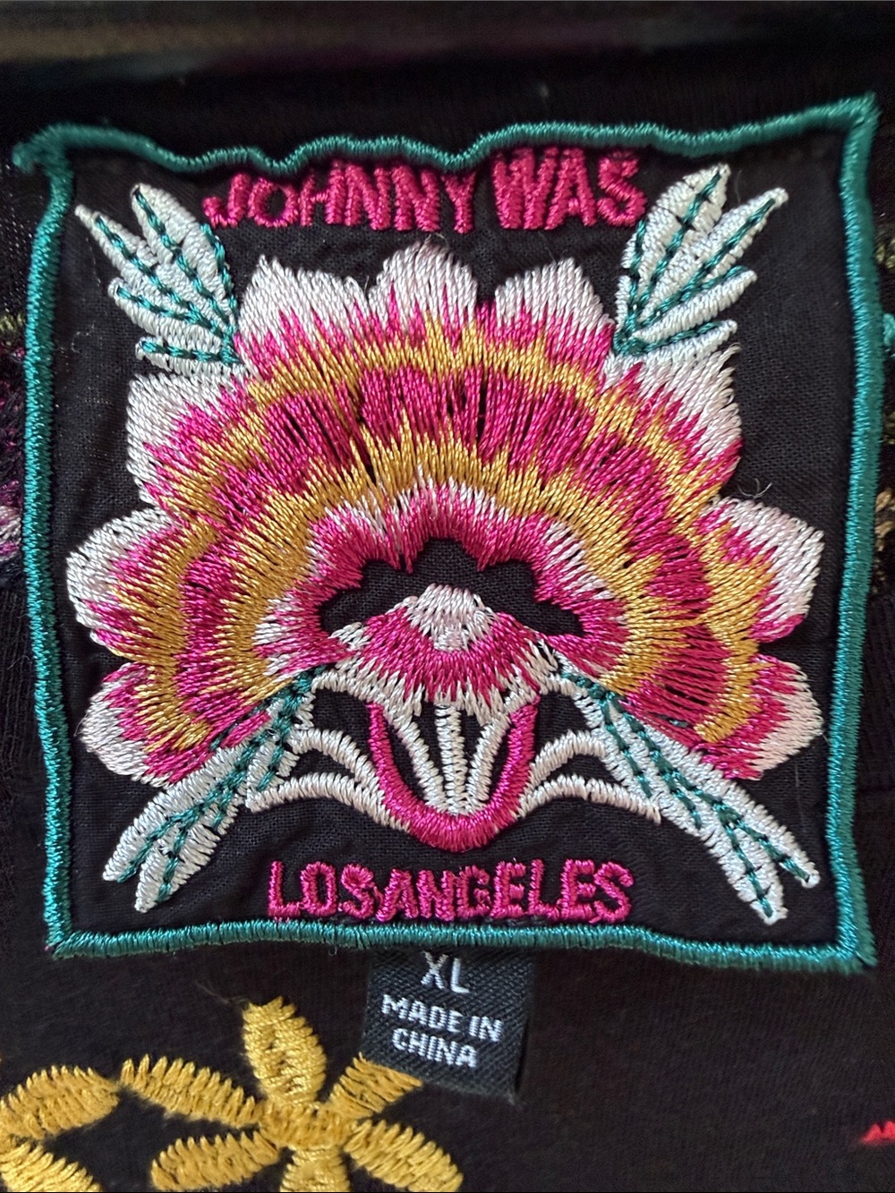 Johnny Was Black Embroidered Floral Patch Top with Pink and Gold Accents - Picture 2 of 3